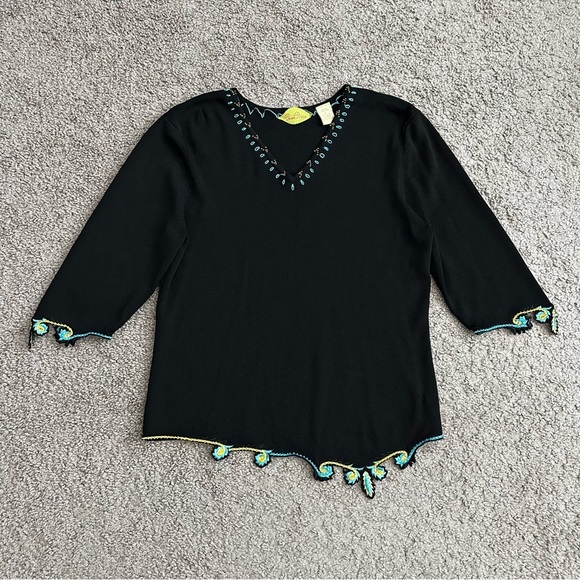 Prima Bella Black Knit Embroidered Beaded Shirt Womens L - Picture 1 of 16